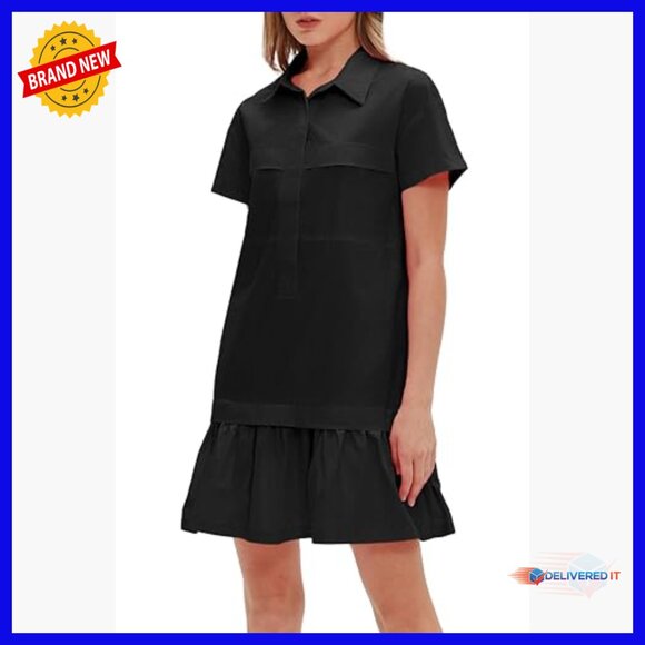 Cotton Drop Waist Ruffle Hem Shirt Dress Short Sleeve Button Down Tunic Pockets - Picture 2 of 7